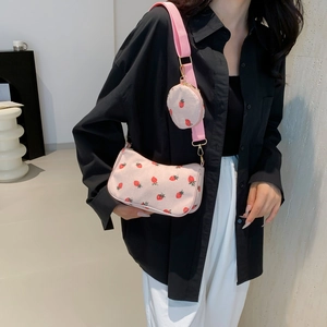 Pink corduroy crescent bag with strawberry print and shoulder strap coin purse