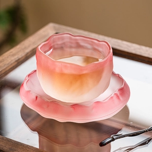 Japanese Frosted Crystal Glass Teacup And Saucer Glacier Texture Pink Gradient Elegant Petal Edge
