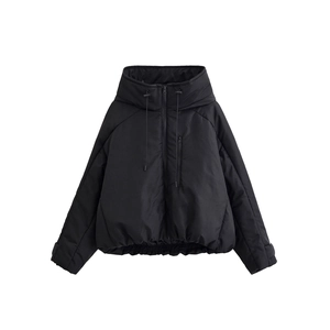 Women's black hooded anorak jacket with half-zip and functional pocket design