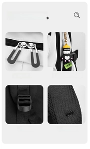 Detail view of smooth dual metal zippers, mesh back padding, and adjustable straps on backpack