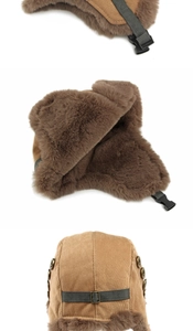 Dettaglio del cappello aviatore marrone in velluto a coste con fodera in ecopelliccia
