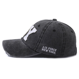 Vintage dark gray washed cotton baseball cap with white Y letter and embroidery