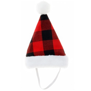 Détail du bonnet de Noël à carreaux rouges et noirs pour animaux avec pompon blanc et lien