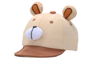 Detail of baby baseball cap featuring 3D bear ears and plush animal mouth decoration