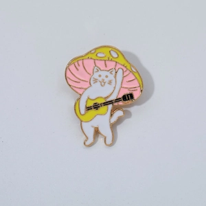 Cartoon white cat playing yellow guitar under a mushroom enamel lapel pin badge