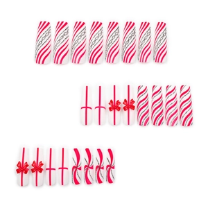 Extra long Christmas coffin fake nails with red bows, glitter stripes, and candy cane patterns