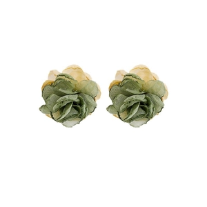 Handmade green and yellow floral lace rose earrings in soft vintage fabric style