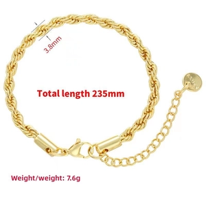 3.8mm wide gold stainless steel rope chain bracelet details and sizing measurements
