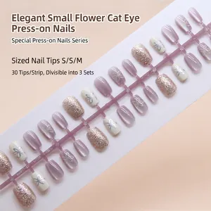 Short Ballerina Press On Nails Cat Eye Purple Floral Champagne Glitter ABS Artificial Finger Nails For Women Sweet