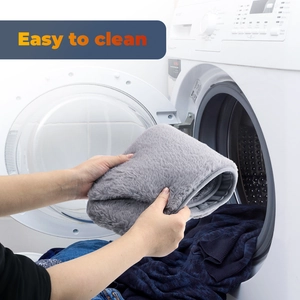 Washable plush USB heated waist belt in grey showing the easy to clean machine feature