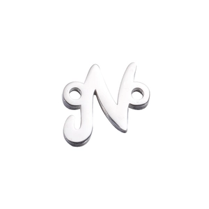 Detailed view of silver stainless steel letter N charm with dual connection loops