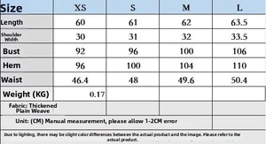 Detailed size chart for the sleeveless top showing measurements in centimeters and fabric info