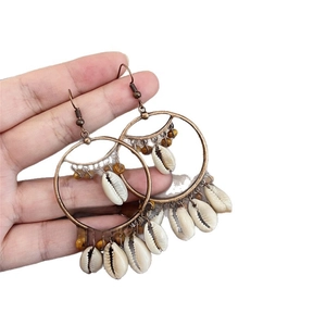 Bohemian retro hoop earrings with cowrie shell pendants and beads for women