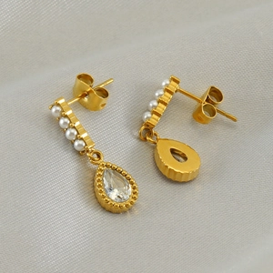 Gold plated waterdrop zircon earrings with white pearls shown from front and back view