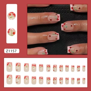 Sweet cherry heart pattern pink French press-on nails with red rhinestones, 24 pieces set