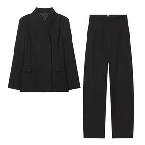 Tailleur Pantalon Et Blazer Pour Femme Sergé Polyester Coupe Ajustée Revers Pointu Taille Haute Jambe Large Bureau Chic