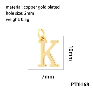 Detailed size and material specifications for gold plated copper letter K pendant