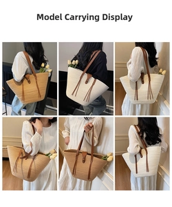 Detail shots of large woven straw tote bag with leather straps in khaki and beige