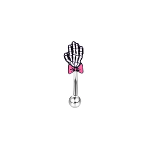 Surgical steel eyebrow ring with a white skull hand charm and a pink bow decoration