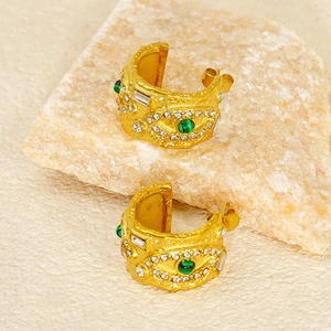 French style 18K gold plated C-shaped hoop earrings with green malachite and zircon evil eye