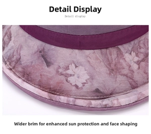 Détail du chapeau de soleil violet à fleurs montrant le large bord et la maille fine