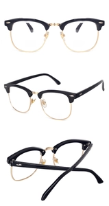 Three-view detail of vintage semi-rimless sunglasses with gold accents and black frame