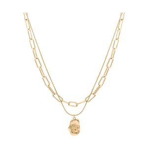 Double-layered gold titanium necklace with paperclip and snake chains and irregular pendant