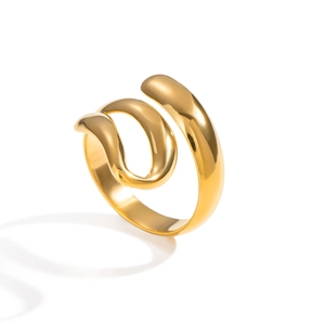 Polished gold multi-layer wave ring with minimalist geometric design in stainless steel