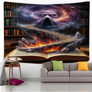 Detailed view of Halloween fantasy tapestry showing a magical wizard and lava on wall