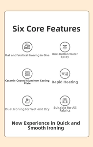 Graphic detailing steamer features like ceramic coating and wet and dry ironing modes