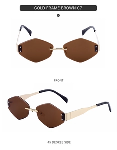 Close-up of rimless hexagonal sunglasses with gold frame and brown lenses shown from two angles