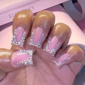 Sparkling French Style Press On Nails With Rhinestones Pink Glitter Sweet Gentle Fake Nails For Women Daily Decor