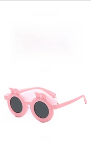 Front and side view of pink round children's sunglasses with cute bunny ears detail