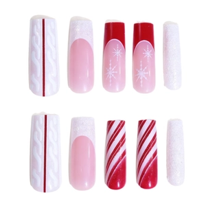 Christmas long square press-on nails with red snowflakes and glitter French tips