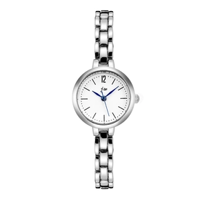 Elegant silver steel bracelet watch for women with white dial and blue hands