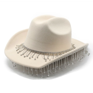 Western felt cowboy hat in beige featuring elegant rhinestone fringe and sequin trim