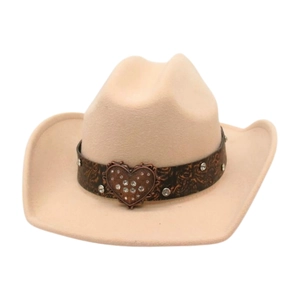 Beige felt cowboy hat featuring a vintage bronze heart buckle and rhinestone leather band