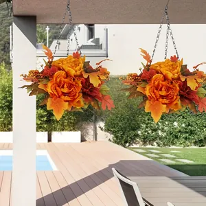 Artificial hanging flower basket with orange peonies and maple leaves for patio decor