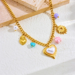 Gold stainless steel chain necklace featuring colorful heart, flower, and sun charms