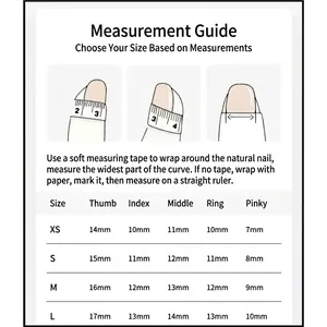 Khaki cat eye press-on nails sizing guide with measurements for XS, S, M, and L sizes