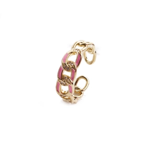 Bague chaîne dorée avec émail rose et strass brillants pour un look hip hop tendance