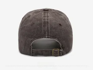 Close-up of vintage washed cotton baseball cap back with adjustable metal buckle