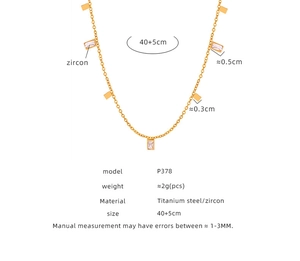 Detailed size specifications for a gold plated titanium steel square zircon pendant necklace