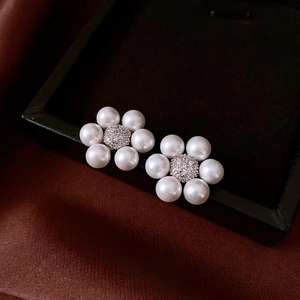French vintage flower stud earrings with white pearls and sparkling cubic zirconia center