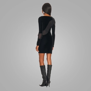 Detail of slim fit mini dress featuring sheer mesh diagonal splicing at the back