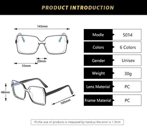 Detailed size chart showing dimensions of the square oversized blue light glasses frame