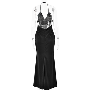 Back view of black halter neck backless evening dress with satin finish and fishtail hem