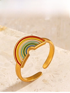 Detail of golden stainless steel adjustable ring with colorful rainbow enamel inlay