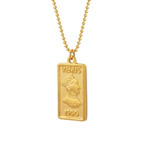 Gold Venus coin pendant necklace in stainless steel with bead chain on white background