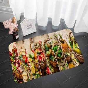 Absorbent flannel fruit rug with colorful printed motifs on dark wood flooring